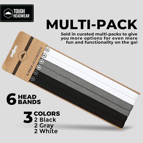Tough Headwear Athletic Headband Set - Thin Headbands for Women - Elastic Sport Hair Bands Men - Skinny Sports Hairbands - Non Slip Athletic Head Bands - Black, Gray, and White in Saudi Arabia