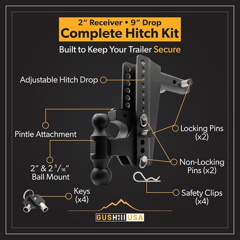 Gushillusa GHC3335 حزمة عقبة قابلة للتعديل كاملة لمستقبل 2 بوصة مع كرة مزدوجة ، مرفق بينتلي ودبابيس قفل ، 16000 رطل تصنيف السحب (قطرة 7 بوصة) in Kuwait