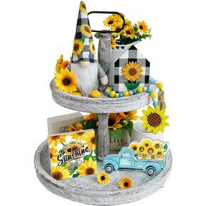 Sunflower Decor, 5pcs Sunflower Farmhouse Tiered Tray Decor, Sunflower Gnome Plush, 3 Sunflower Wood Signs,Sunflower Bead Garland, Rustic Farmhouse Tiered Tray Kitchen Decor, Summer Decorations
