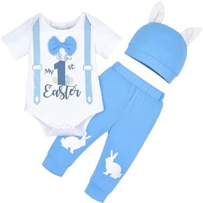 My 1st Easter Outfit Infant Baby Boys Easter Day Outfits Long Sleeve Bow Tie Romper Bunny Pants with Hat Clothes Sets