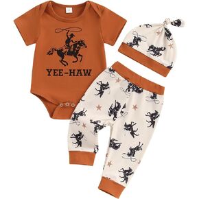 Western Newborn Baby Boy Clothes Yee Haw Short Sleeve Romper Ride Horse Pants Hat Set 3Pcs Cowboy Coming Home Outfit