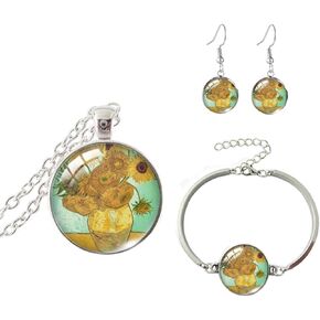 3PCS Necklace Set Colorful Van Gogh Starry Night Sunflower Earrings for Girls Sky Painting Necklace Bracelet Art Jewelry Set Artistic Painting Dangle Earrings Bracelet Set Jewelry for Women
