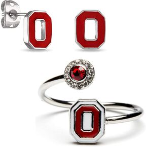 Ohio State Ring and Earring Set - Block O Stud Earrings and Adjustable Wrap Ring - Hypoallergenic Stainless Steel Jewelry for Women - Ohio State Buckeye Jewelry and Ohio State Gifts