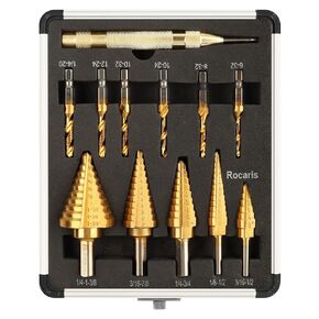 Rocaris 5 Pcs Step Drill Bit & 5 Pcs Countersink Drill Bit Set, Titanium Coated, 50 Sizes of Step Bit for Metal with Aluminum Case, Multiple Hole Stepped Up Bits for DIY