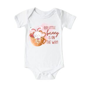 Our Little Bunny Is On The Way Easter Baby Announcement Onesie. Pregnancy Announcement to Family, Husband, Grandparents. Surprise Easter 2023 Baby Reveal Gift ideas.