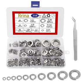 358Pcs 304 Stainless Steel Split Lock Washers Assortment Kit,Spring Lock Washer 9 Sizes 4# to 5/8