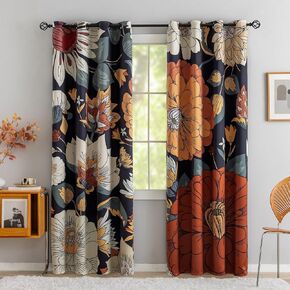 100% Blackout Black Boho Floral Curtains for Living Room 63 inch Long 2 Panels Mid Century Botanical Black Out Curtains for Bedroom Grommet Thermal Insulated Room Darkening Window Drapes,52Wx63L