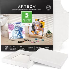 Arteza Foldable Canvas Boards for Painting, 8.5x11 Inch, Pack of 5, 100% Cotton, 8 oz Primed White Canvases, DIY Frame, Art Supplies for Acrylic and Oil Painting and Drawing