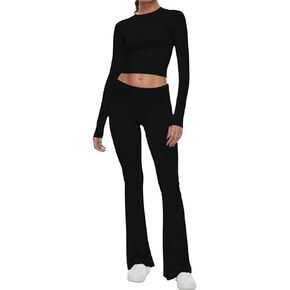 NTSWZYS Women's 2 Piece Lounge Sets Basic Solid Fold-over Flare Pants Set Long Sleeve Crop Top Casual Pajamas Outfits