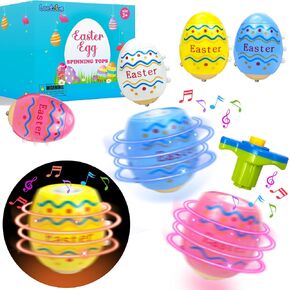 Easter Egg Basket Stuffers Toys Gifts for Toddler Boys Girls, 4 Pack Light up Spinning Tops with Music, Easter Goodie Bag Fillers Party Favors Hunt Prizes Treats for Kids