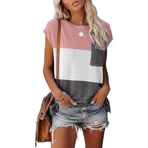 YESLIFE Women Summer Tops Cap Sleeve Basic Solid Loose Fit Tunic Tops Blouse with Pocket
