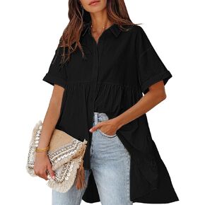 LookbookStore 2024 قمصان بأزرار للأسفل للنساء بلوزات كبيرة الحجم بأكمام قصيرة بيبي دول ملابس علوية صيفية عالية ومنخفضة in Kuwait