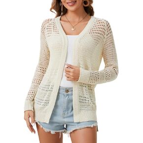 Womens Crochet Cardigan Cover Up Lightweight Cardigan Sweater Open Front Long Sleeve Summer Beach Coverups
