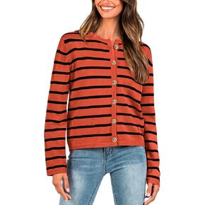 BTFBM Women's Cardigans Sweater 2024 Spring Striped Long Sleeve Button Down Crop Open Front Knit Outerwear Deco Pockets