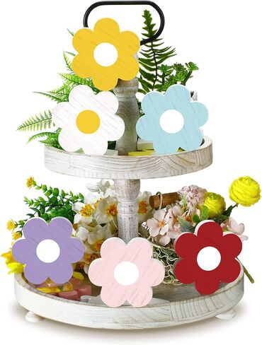 Qunclay 6 Pieces Spring Tiered Tray Decor Daisy Flower Wooden Signs Easter Tiered Tray Decor Wooden Sign Farmhouse Rustic Wood Tiered Tray Decor for Spring Table Shelf Party Kitchen (White and Yellow) in Saudi Arabia
