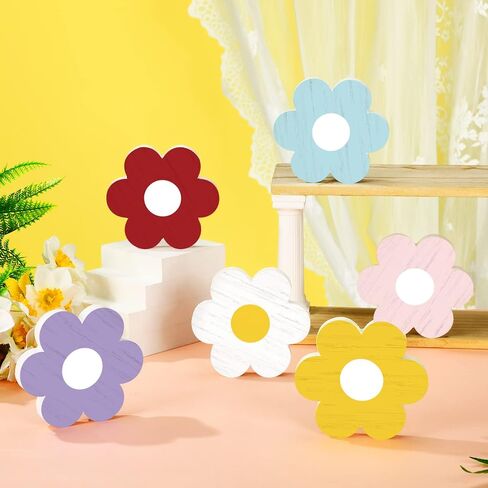 Qunclay 6 Pieces Spring Tiered Tray Decor Daisy Flower Wooden Signs Easter Tiered Tray Decor Wooden Sign Farmhouse Rustic Wood Tiered Tray Decor for Spring Table Shelf Party Kitchen (White and Yellow) in Saudi Arabia