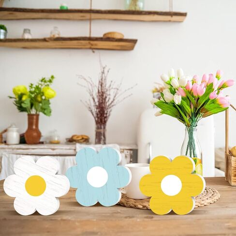 Qunclay 6 Pieces Spring Tiered Tray Decor Daisy Flower Wooden Signs Easter Tiered Tray Decor Wooden Sign Farmhouse Rustic Wood Tiered Tray Decor for Spring Table Shelf Party Kitchen (White and Yellow) in Saudi Arabia