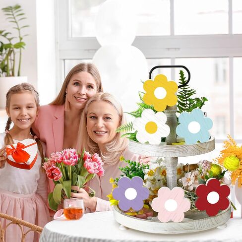 Qunclay 6 Pieces Spring Tiered Tray Decor Daisy Flower Wooden Signs Easter Tiered Tray Decor Wooden Sign Farmhouse Rustic Wood Tiered Tray Decor for Spring Table Shelf Party Kitchen (White and Yellow) in Saudi Arabia