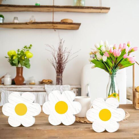 Qunclay 6 Pieces Spring Tiered Tray Decor Daisy Flower Wooden Signs Easter Tiered Tray Decor Wooden Sign Farmhouse Rustic Wood Tiered Tray Decor for Spring Table Shelf Party Kitchen (White and Yellow) in Saudi Arabia