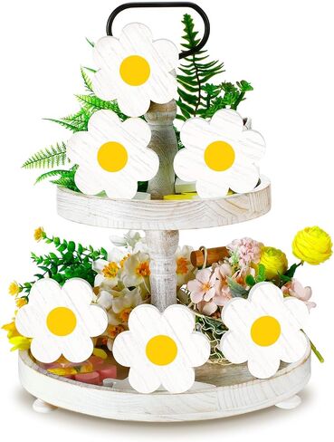 Qunclay 6 Pieces Spring Tiered Tray Decor Daisy Flower Wooden Signs Easter Tiered Tray Decor Wooden Sign Farmhouse Rustic Wood Tiered Tray Decor for Spring Table Shelf Party Kitchen (White and Yellow) in Saudi Arabia