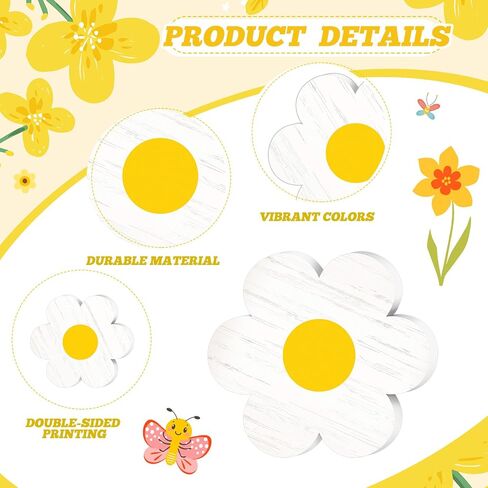 Qunclay 6 Pieces Spring Tiered Tray Decor Daisy Flower Wooden Signs Easter Tiered Tray Decor Wooden Sign Farmhouse Rustic Wood Tiered Tray Decor for Spring Table Shelf Party Kitchen (White and Yellow) in Saudi Arabia