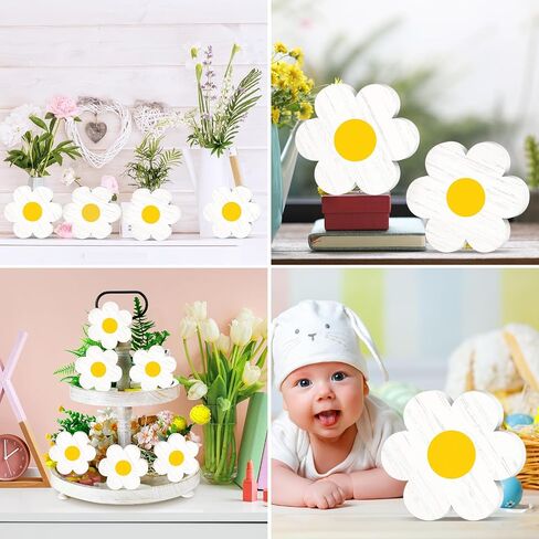 Qunclay 6 Pieces Spring Tiered Tray Decor Daisy Flower Wooden Signs Easter Tiered Tray Decor Wooden Sign Farmhouse Rustic Wood Tiered Tray Decor for Spring Table Shelf Party Kitchen (White and Yellow) in Saudi Arabia