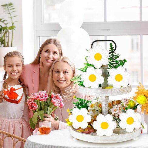 Qunclay 6 Pieces Spring Tiered Tray Decor Daisy Flower Wooden Signs Easter Tiered Tray Decor Wooden Sign Farmhouse Rustic Wood Tiered Tray Decor for Spring Table Shelf Party Kitchen (White and Yellow) in Saudi Arabia