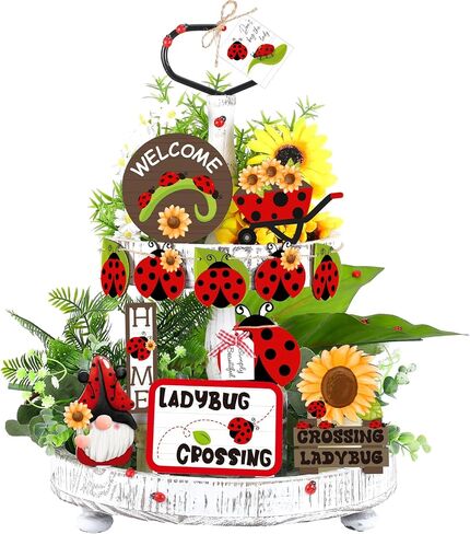 13 Pcs Spring Ladybug Tiered Tray Decorations Ladybug Tiered Tray Decor Set Ladybird Spring Tray Decor Ladybug Wooden Blocks Sign for Home Table Farmhouse Kitchen Shelf Display Housewarming in Saudi Arabia