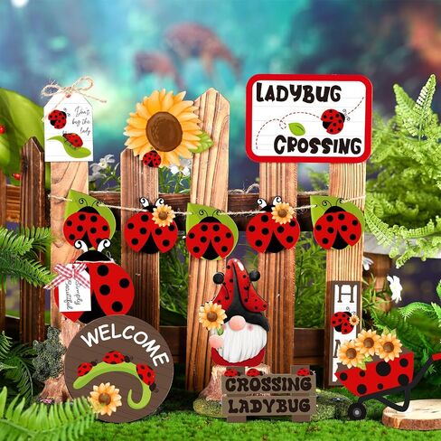 13 Pcs Spring Ladybug Tiered Tray Decorations Ladybug Tiered Tray Decor Set Ladybird Spring Tray Decor Ladybug Wooden Blocks Sign for Home Table Farmhouse Kitchen Shelf Display Housewarming in Saudi Arabia