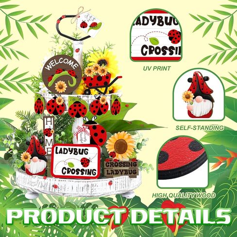 13 Pcs Spring Ladybug Tiered Tray Decorations Ladybug Tiered Tray Decor Set Ladybird Spring Tray Decor Ladybug Wooden Blocks Sign for Home Table Farmhouse Kitchen Shelf Display Housewarming in Saudi Arabia