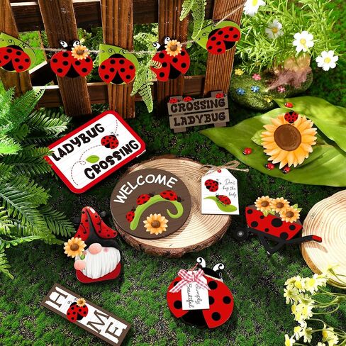 13 Pcs Spring Ladybug Tiered Tray Decorations Ladybug Tiered Tray Decor Set Ladybird Spring Tray Decor Ladybug Wooden Blocks Sign for Home Table Farmhouse Kitchen Shelf Display Housewarming in Saudi Arabia