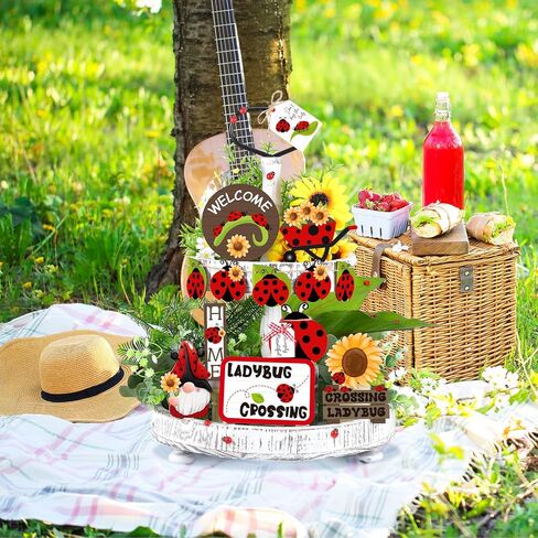13 Pcs Spring Ladybug Tiered Tray Decorations Ladybug Tiered Tray Decor Set Ladybird Spring Tray Decor Ladybug Wooden Blocks Sign for Home Table Farmhouse Kitchen Shelf Display Housewarming in Saudi Arabia