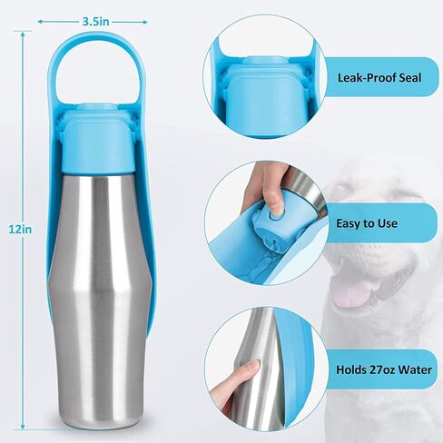 Dog Water Bottle, 27oz(750ml) Large Portable Dog Water Bottle, Dog Travel Water Bottle, Dog Water Bottle Dispenser, Stainless Steel Pet Travel Cup Outdoor Dog Water Bowl Bottle (Light Blue) in Kuwait