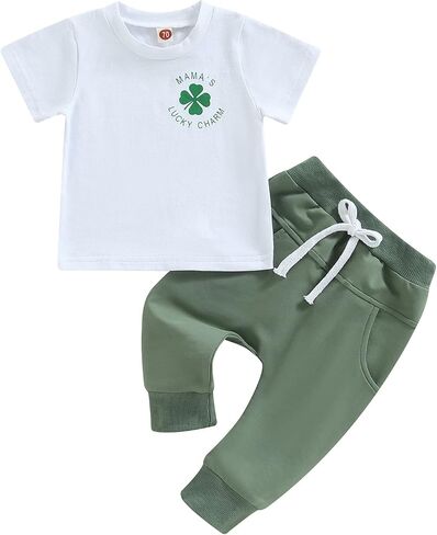 YOKJZJD Infant Toddler Baby Boy St Patricks Day Outfit Green Sweatshirt Short Sleeve T-Shirt Top Pants Set Spring Clothes in Saudi Arabia