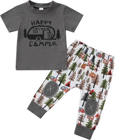BULINGNA 2Pcs Baby Boy Summer Outfit Short Sleeve T-shirt Tops Long Pants Happy Camper Clothes in Saudi Arabia