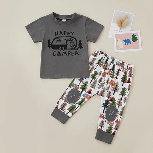 BULINGNA 2Pcs Baby Boy Summer Outfit Short Sleeve T-shirt Tops Long Pants Happy Camper Clothes in Saudi Arabia