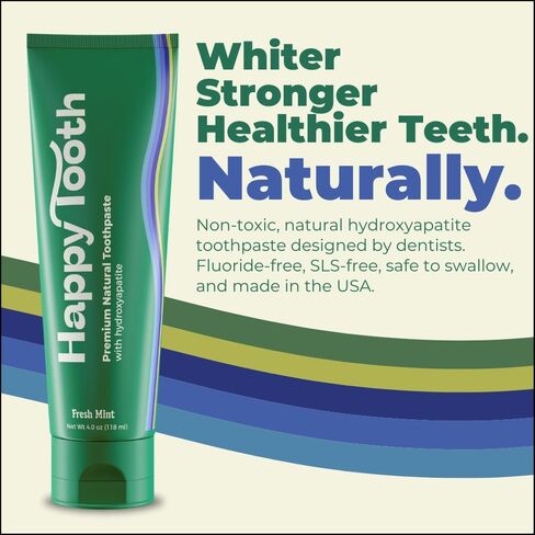 Happy Tooth Natural Hydroxyapatite Toothpaste - Fluoride Free, SLS Free - Whitening for Sensitive Teeth - Natural Ingredients - Dentist Formulated & Recommended - Adults & Kids - Fresh Mint 4 oz in Saudi Arabia
