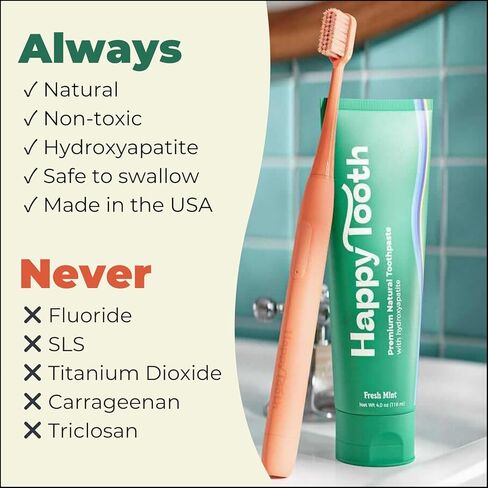 Happy Tooth Natural Hydroxyapatite Toothpaste - Fluoride Free, SLS Free - Whitening for Sensitive Teeth - Natural Ingredients - Dentist Formulated & Recommended - Adults & Kids - Fresh Mint 4 oz in Saudi Arabia