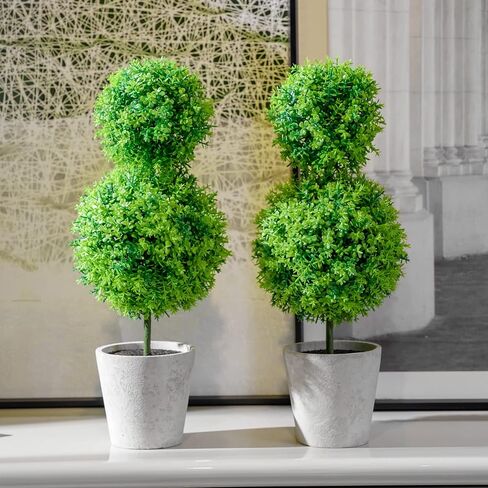MyGift 14.8 Inch Light Green Artificial Boxwood Topiary Trees - Decorative Faux Indoor Plants in Gray Paper Pulp Planter Pots in Saudi Arabia