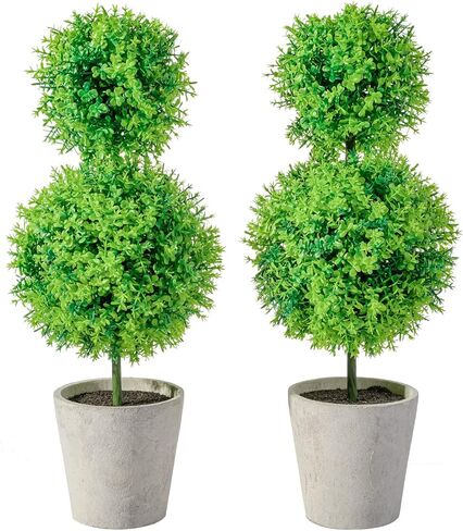 MyGift 14.8 Inch Light Green Artificial Boxwood Topiary Trees - Decorative Faux Indoor Plants in Gray Paper Pulp Planter Pots in Saudi Arabia