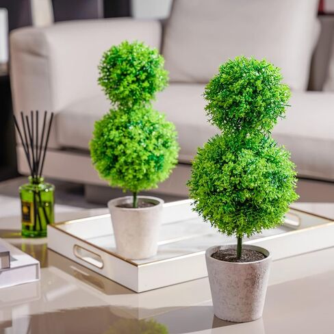 MyGift 14.8 Inch Light Green Artificial Boxwood Topiary Trees - Decorative Faux Indoor Plants in Gray Paper Pulp Planter Pots in Saudi Arabia