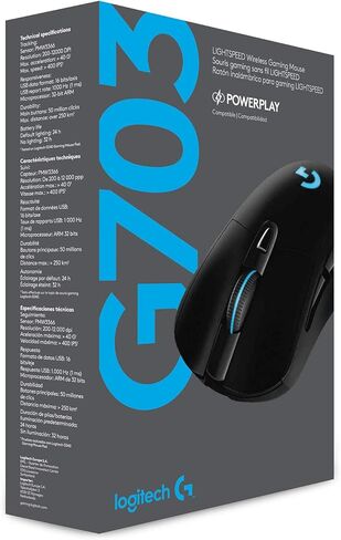 ماوس الألعاب اللاسلكي Logitech G703 Lightspeed Pro-Grade، 16,000 نقطة في البوصة، RGB، أوزان قابلة للتعديل، 6 أزرار قابلة للبرمجة، ذاكرة على اللوحة، عمر بطارية طويل، جهاز الكمبيوتر/Mac - أسود (تغليف ألماني) in Kuwait