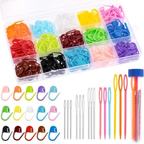 Rolybag 275 قطعة من علامات الغرز، دبابيس حياكة كروشيه 15 لونًا، مشابك قفل الغرز، علامات حياكة، مشبك كروشيه، دبابيس كروشيه آمنة بلاستيكية مع 15 قطعة من إبر الخياطة الحادة ذات العيون الكبيرة in Kuwait