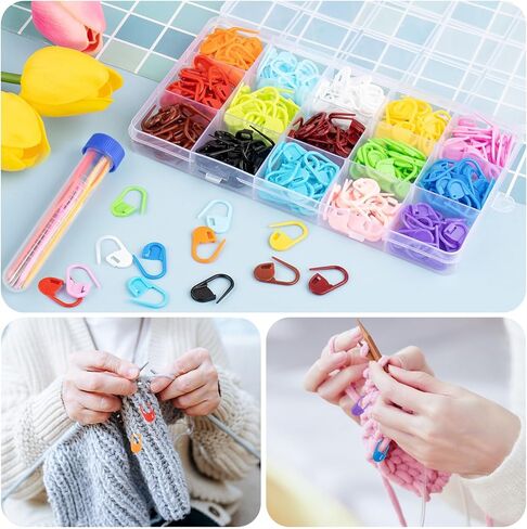 Rolybag 275 قطعة من علامات الغرز، دبابيس حياكة كروشيه 15 لونًا، مشابك قفل الغرز، علامات حياكة، مشبك كروشيه، دبابيس كروشيه آمنة بلاستيكية مع 15 قطعة من إبر الخياطة الحادة ذات العيون الكبيرة in Kuwait