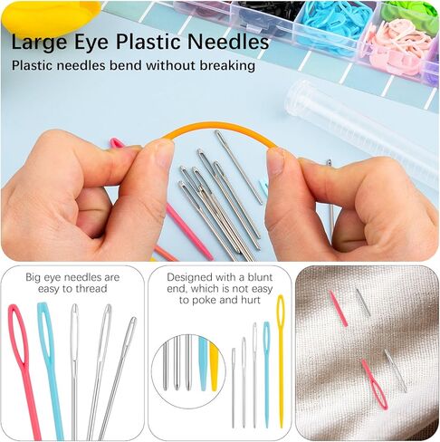 Rolybag 275 قطعة من علامات الغرز، دبابيس حياكة كروشيه 15 لونًا، مشابك قفل الغرز، علامات حياكة، مشبك كروشيه، دبابيس كروشيه آمنة بلاستيكية مع 15 قطعة من إبر الخياطة الحادة ذات العيون الكبيرة in Kuwait