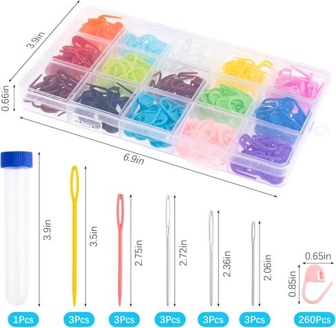Rolybag 275 قطعة من علامات الغرز، دبابيس حياكة كروشيه 15 لونًا، مشابك قفل الغرز، علامات حياكة، مشبك كروشيه، دبابيس كروشيه آمنة بلاستيكية مع 15 قطعة من إبر الخياطة الحادة ذات العيون الكبيرة in Kuwait