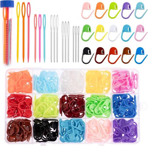 Rolybag 275 قطعة من علامات الغرز، دبابيس حياكة كروشيه 15 لونًا، مشابك قفل الغرز، علامات حياكة، مشبك كروشيه، دبابيس كروشيه آمنة بلاستيكية مع 15 قطعة من إبر الخياطة الحادة ذات العيون الكبيرة in Kuwait