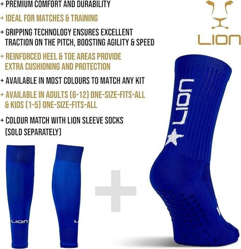 مجموعة Lion Kids لكرة القدم تتضمن جوارب للإمساك وواقيات صغيرة للساق وأكمام جورب - المجموعة المثالية للاعبي كرة القدم الشباب in Kuwait