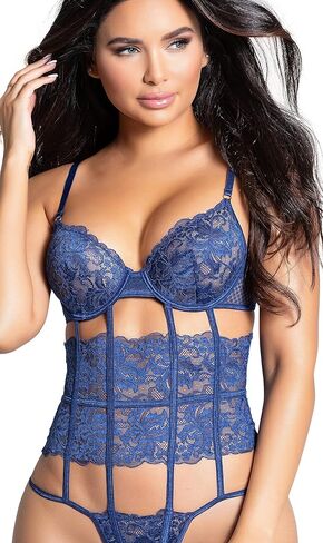 Yandy Elegant Caged In Bodysuit, Sheer Lace Bodice with Underwire Cups, Strappy Front and G String Cut Back in Kuwait