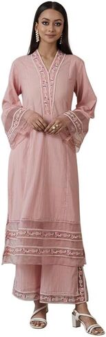 مجموعة كورتا بالازو للنساء بأكمام طويلة ملابس عرقية هندية ورقبة على شكل حرف V مطبوعة كورتي هندية للفتيات باللون الوردي in Kuwait